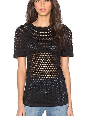 IRO Jeans Black Open-Knit Mesh Short Sleeve Crew Neck T 100% Cotton Y2K Size XS